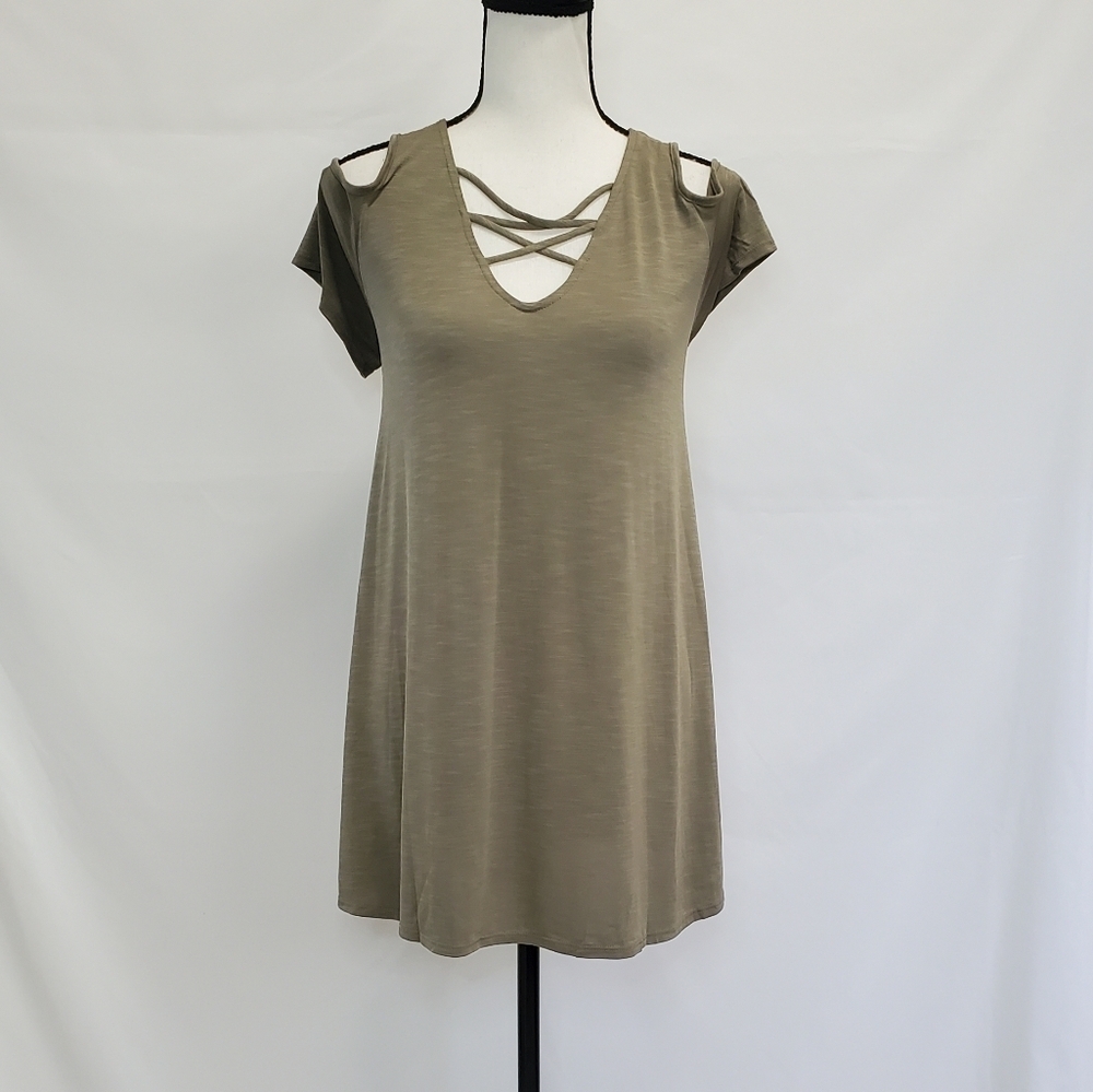 NWOT CY Fashion Olive Strappy Lattice Front Cold Shoulder Tunic Swing Dress
